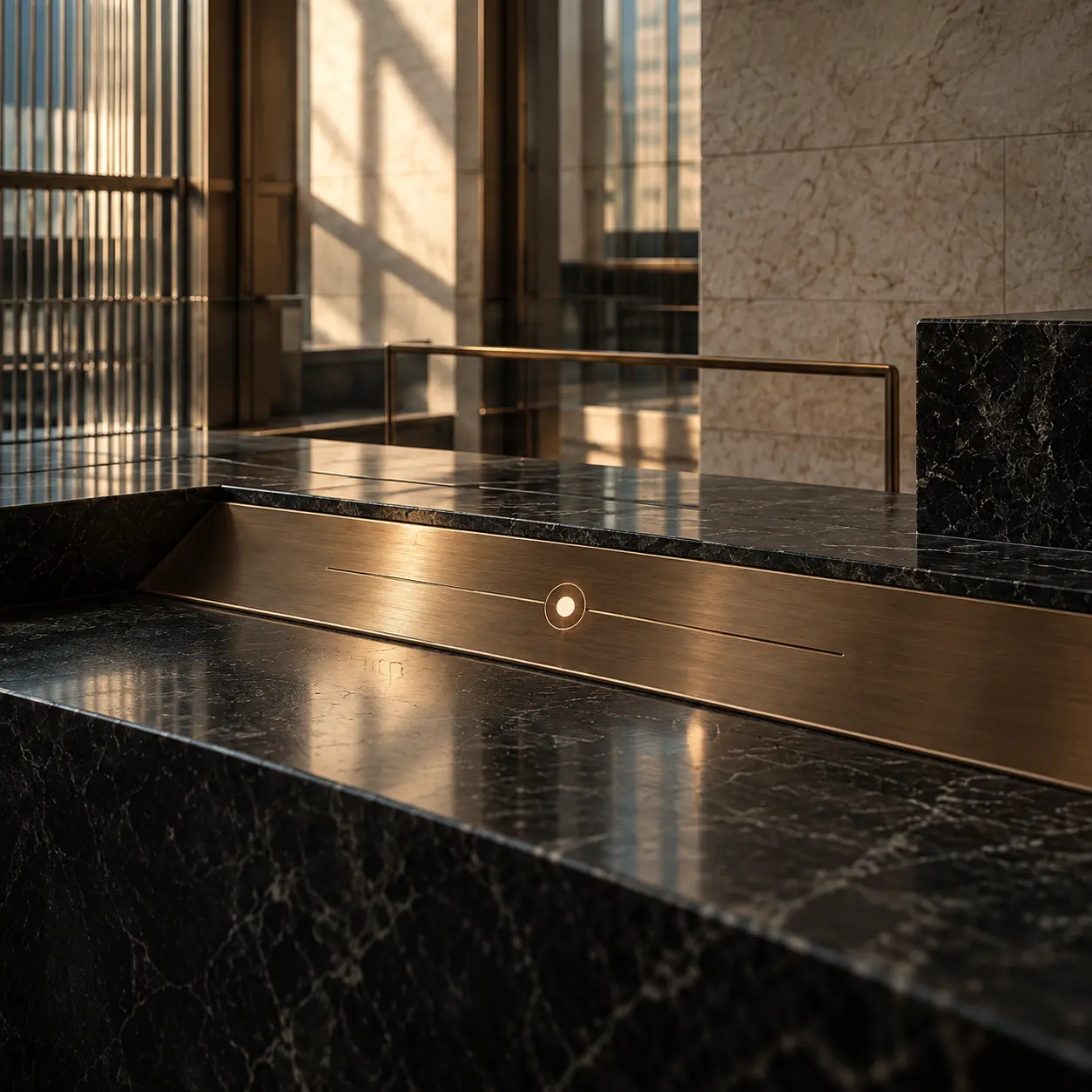 Bronze authority threshold set into a stone institutional interior