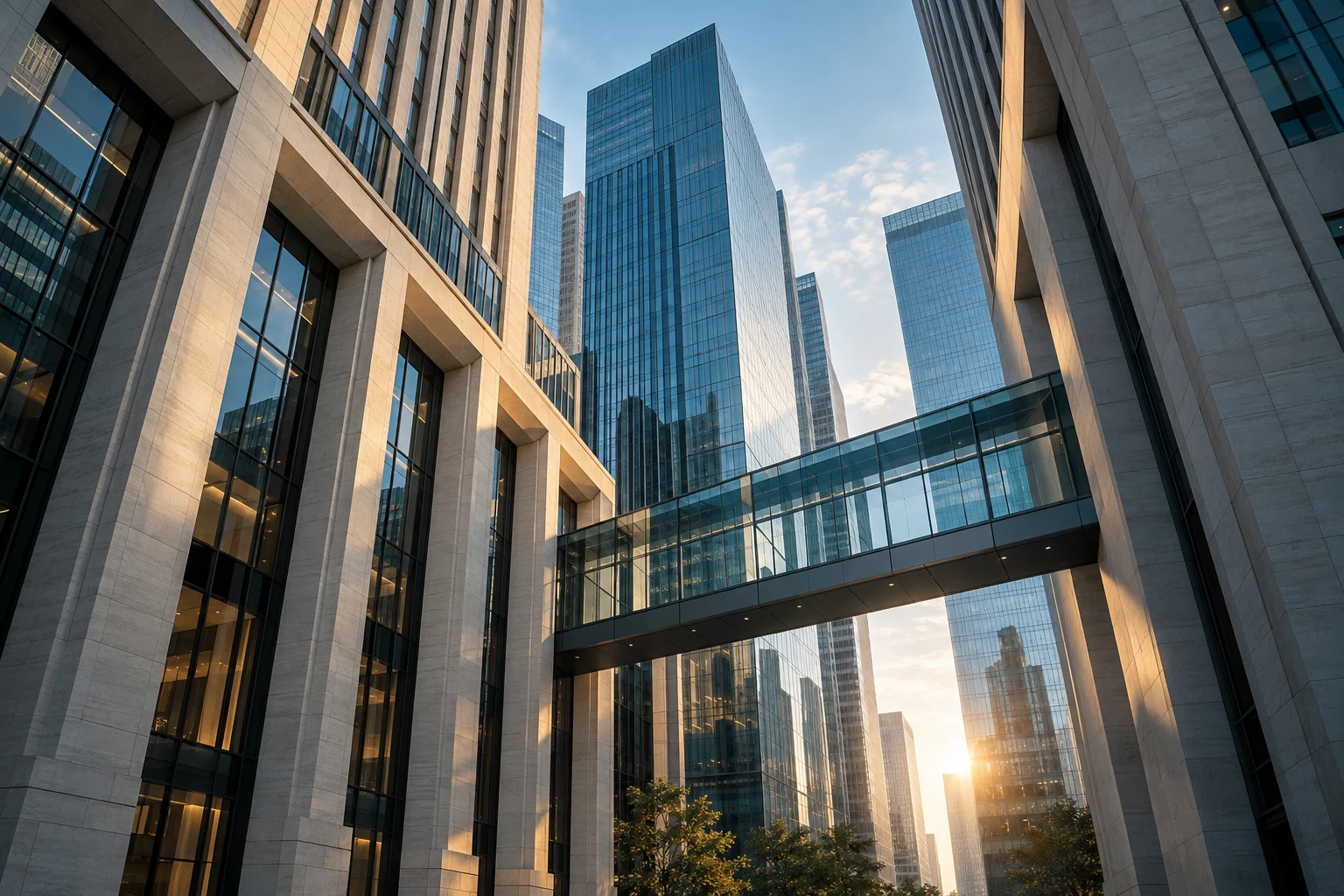 Glass and stone towers in a financial district