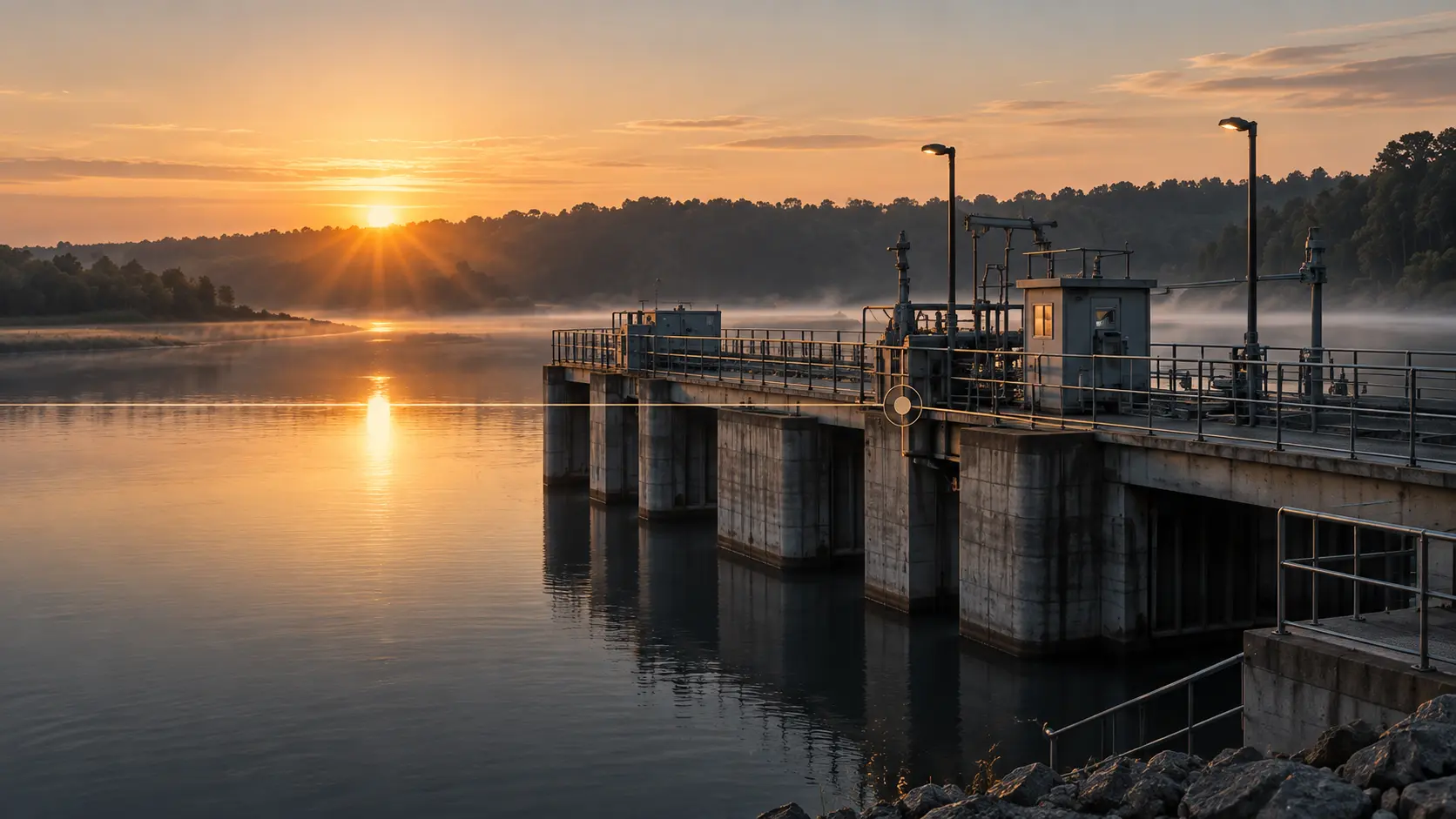Operational water-control infrastructure at a calm dawn transition