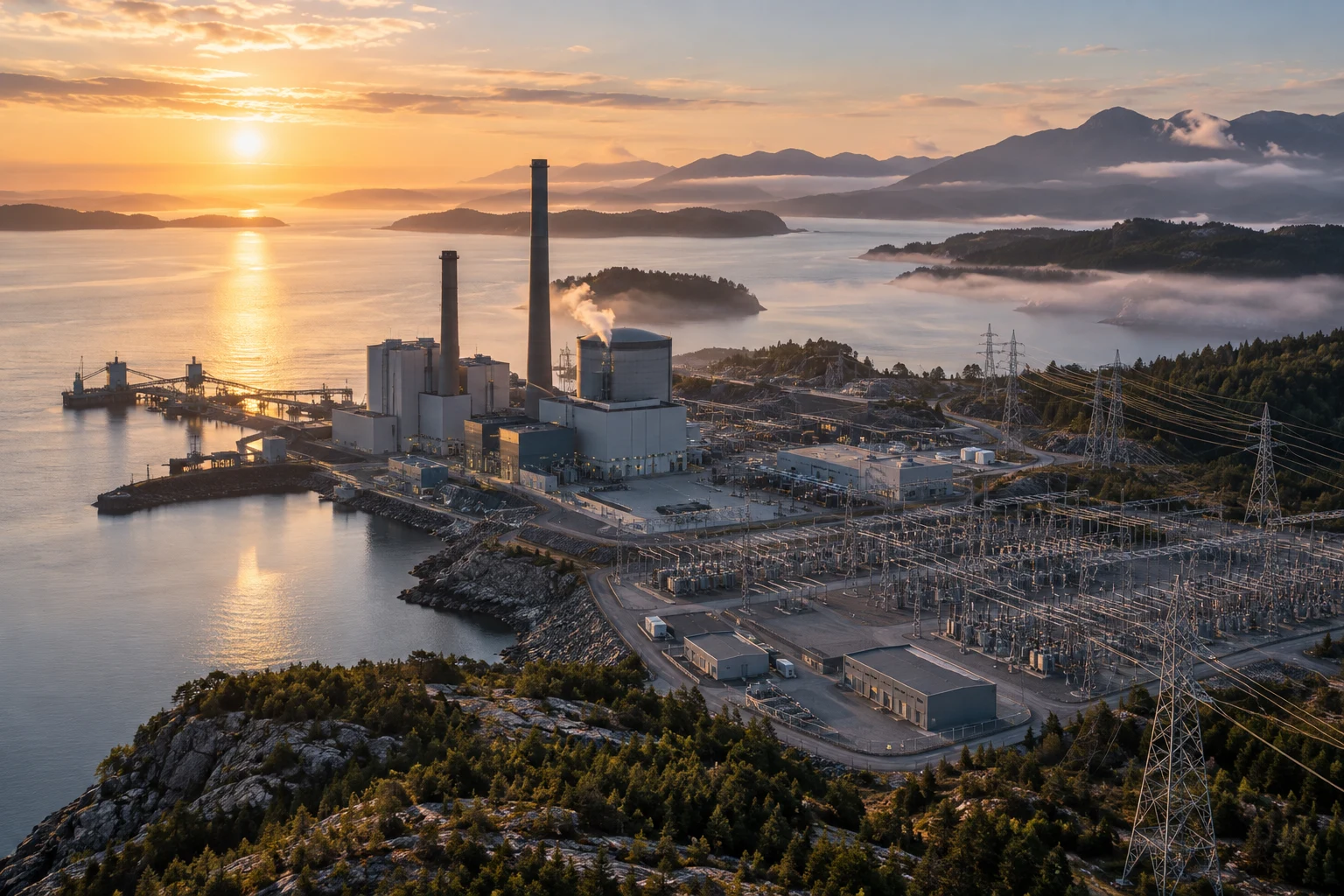 Power infrastructure beside a coastal landscape