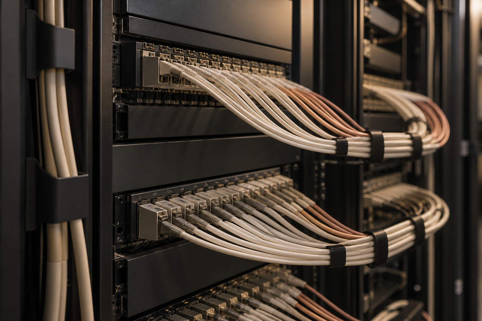 Data cables connected to a patch panel