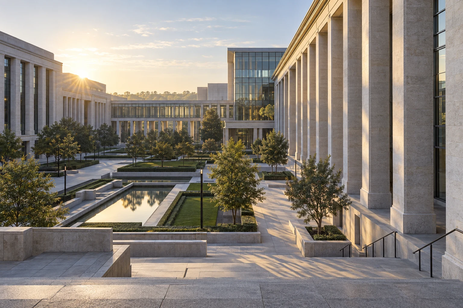 Unbranded civic campus with limestone colonnades and glass architecture