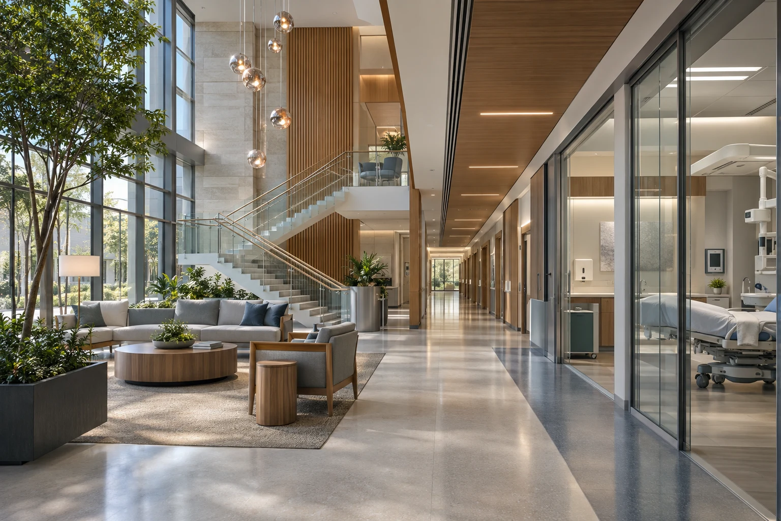 Unbranded hospital atrium and clinical corridor in natural daylight